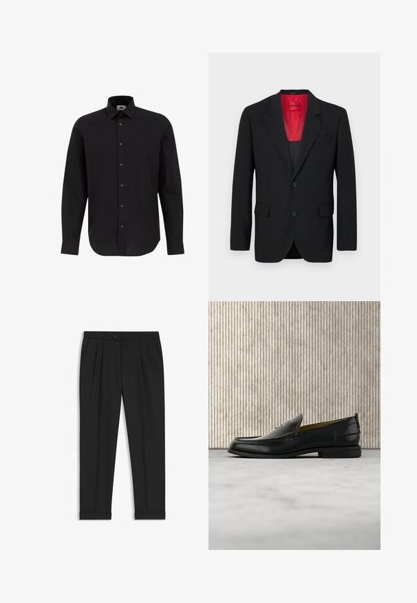 Schwarzer Blazer aus glattem Stoff, mit roter Fütterung, zwei Fronttaschen und zwei Knöpfen. Eingeschnittene Revers verleihen eine strukturierte Detail. ; Schwarze Langarm-Hemdbluse aus gewebtem Stoff, ausgestattet mit einem klassischen Kragen, geradem Saum und schwarzen Knöpfen an der Vorderseite.; Schwarze maßgeschneiderte Hose mit Vorderknopf, Falten, Seitentaschen und umgeschlagenen Säumen, dargestellt auf weißem Hintergrund.; Schwarzer Herren-Slipper aus Leder mit einer krokogeprägten Vorderkappe und einem niedrigen Absatz, im Profil vor neutralem Hintergrund gezeigt.