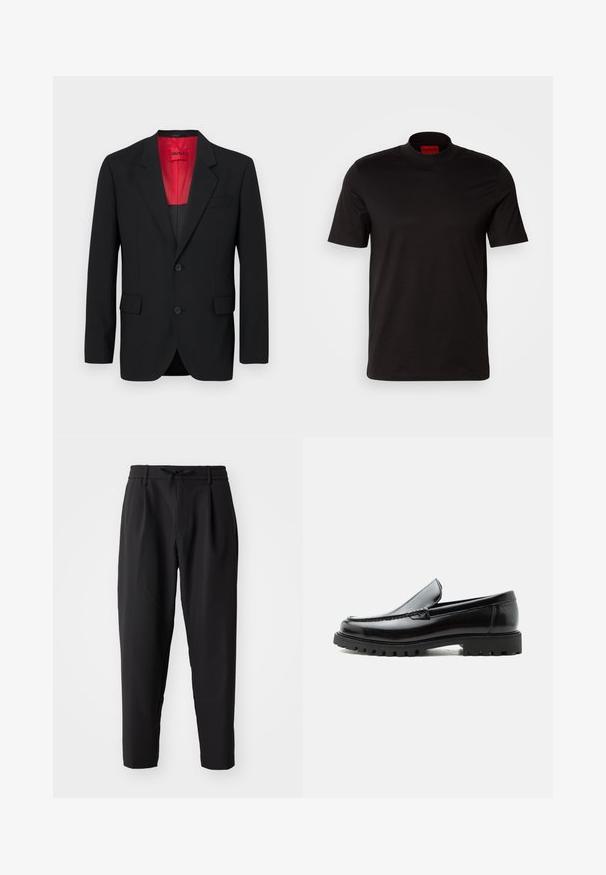 Čierny blazer vyrobený z hladkej tkaniny, s červenou podšívkou, dvoma prednými vreckami a dvoma gombíkmi. Klopové reverzy pridávajú štruktúrovaný detail.; Čierne tričko s krátkym rukávom a vysokým golierom. Vyrobené z hladkej tkaniny. Obsahuje červenú značkovú nášivku na vnútornej strane goliera.; Čierne zúžené nohavice s elastickým pásom a šnúrkou. Hladká látka s ľahkou textúrou, s plisovaním a postrannými vreckami.; Čierny kožený mokasín s hrubou gumovou podrážkou, prešitý zvršok a vyrazeným názvom značky na päte, zobrazený z bočného profilu na bielom pozadí.