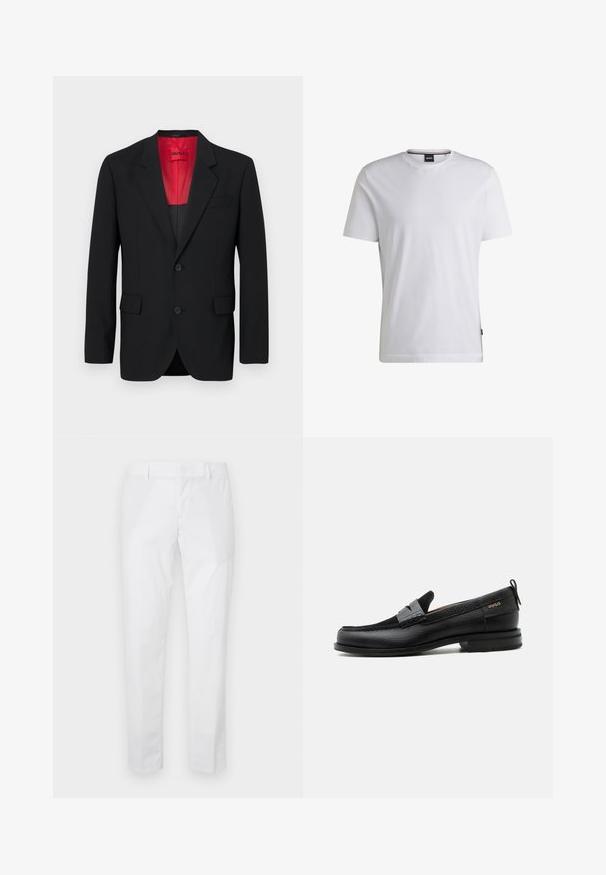 Čierny blazer vyrobený z hladkej tkaniny, s červenou podšívkou, dvoma prednými vreckami a dvoma gombíkmi. Klopové reverzy pridávajú štruktúrovaný detail.; Biely krátky rukáv T-shirt z bavlny. Má okrúhly výstrih a jemný štítok značky na boku. Hladká textúra a jednoduchý dizajn.; Biele slim-fit nohavice s pútkami na opasok a bočnými vreckami, zobrazené rozložené na svetlom pozadí.; Čierny kožený mokasín so sivým remienkom, nízkym podpätkom a textúrovanou podrážkou, so značkou "HUGO" v zlatej farbe na boku.