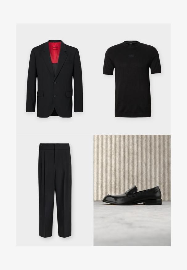 Blazer noir en tissu lisse, avec une doublure rouge, deux poches avant et deux boutons. Les revers crantés ajoutent un détail structuré.; T-shirt noir à manches courtes avec col rond, logo "BOSS" subtil centré sur la poitrine, en tissu fin tricoté.; Pantalon noir taille haute à jambes droites avec plis devant et large ceinture, présenté à plat sur fond blanc.; Mocassin en cuir noir avec un accent métallique, présenté en lévitation au-dessus d'un tapis beige, avec une table ronde de couleur ambre en arrière-plan.