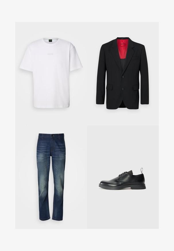 Blazer negro fabricado en tela suave, con un forro rojo, dos bolsillos frontales y dos botones. Las solapas con muesca aportan un detalle estructurado.; Camiseta de algodón blanca de manga corta, con escote redondo y logotipo grabado de "BOSS" en el pecho. Textura suave, ajuste estándar.; Vaqueros de mezclilla azul oscuro con corte de pierna recta, con desgaste en la parte delantera, bragueta de botones y diseño estándar de cinco bolsillos.; Zapato de cuero negro con cordones, acabado suave, punta redonda y un diseño minimalista. Presenta una tira de agarre sutil en contraste y suela de goma.