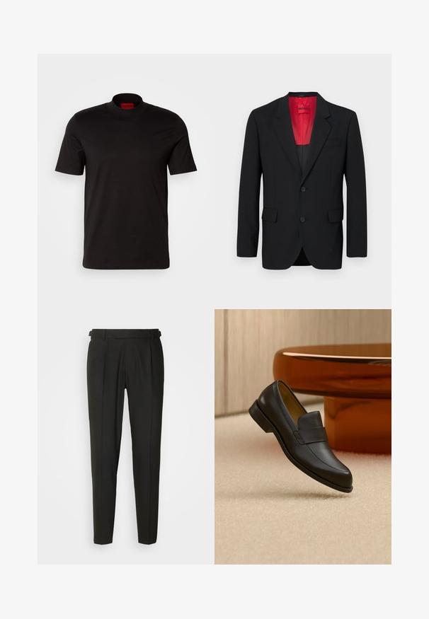 Schwarzer Blazer aus glattem Stoff, mit roter Fütterung, zwei Fronttaschen und zwei Knöpfen. Eingeschnittene Revers verleihen eine strukturierte Detail. ; Schwarzes T-Shirt mit kurzen Ärmeln und hohem Kragen. Hergestellt aus glattem Stoff. Verfügt über ein rotes Markenlabel am inneren Kragen.; Schwarze maßgeschneiderte Hose mit flacher Vorderseite, zwei Falten, Gürtelschlaufen und geradem Bein. Hergestellt aus glattem, leichtem Stoff.; Schwarzer Leder-Loafer mit niedrigem Absatz, der über einem beigen Teppichboden nahe einem runden braunen Tisch schwebt.