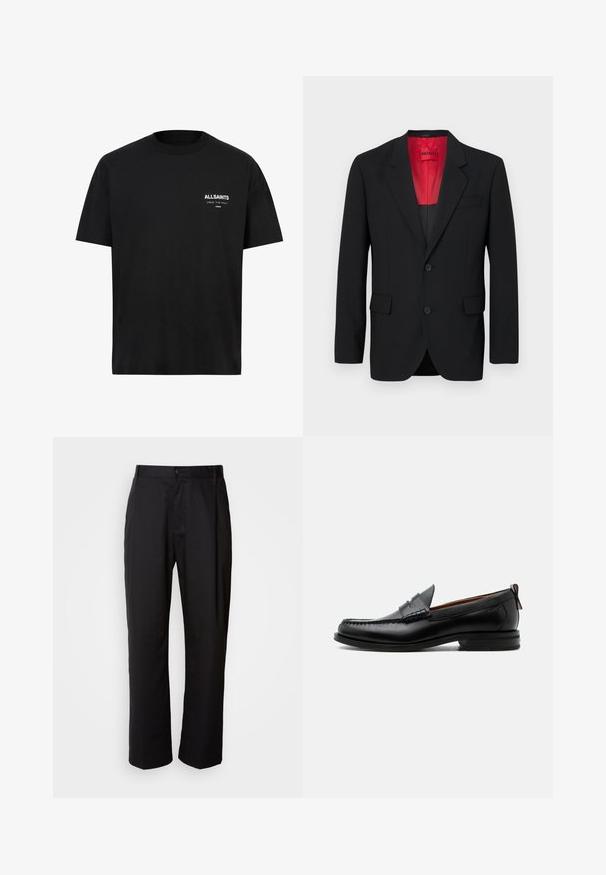 Blazer noir en tissu lisse, avec une doublure rouge, deux poches avant et deux boutons. Les revers crantés ajoutent un détail structuré.; T-shirt en coton noir à manches courtes et col ras du cou. Présente un texte blanc "ALLSAINTS" et "LONDON" sur la partie gauche de la poitrine.; Pantalon noir à coupe droite, en tissu léger. Il dispose d'une fermeture à bouton sur le devant et de deux poches latérales ; texture lisse.; Mocassin homme en cuir noir avec couture moc toe, bride penny, col texturé et petit talon empilé sur fond blanc.