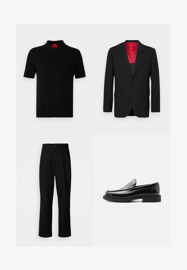 Blazer negro fabricado en tela suave, con un forro rojo, dos bolsillos frontales y dos botones. Las solapas con muesca aportan un detalle estructurado.; Camisa polo negra hecha de algodón suave. Presenta un cuello clásico, mangas cortas y una etiqueta roja en el escote. Sin patrones ni adornos.; Pantalones rectos negros con cintura con botones, trabillas para cinturón y pliegue frontal, exhibidos sobre un fondo blanco liso.; Mocasín de cuero negro con suela de goma gruesa, empeine cosido y nombre de la marca en relieve en el talón, mostrado en perfil lateral sobre fondo blanco.