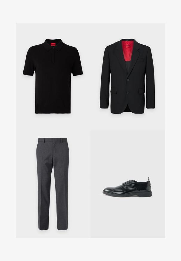 Blazer negro fabricado en tela suave, con un forro rojo, dos bolsillos frontales y dos botones. Las solapas con muesca aportan un detalle estructurado.; Camisa polo negra hecha de algodón suave. Presenta un cuello clásico, mangas cortas y una etiqueta roja en el escote. Sin patrones ni adornos.; Pantalones gris ajustados con un acabado texturizado, con frente plano y diseño de pierna recta. Presenta bolsillos laterales y presillas para cinturón.; Zapato de vestir negro de cuero brillante con tacón bajo, cierre de cordones y puntera redonda, mostrado de lado sobre un fondo claro y liso.