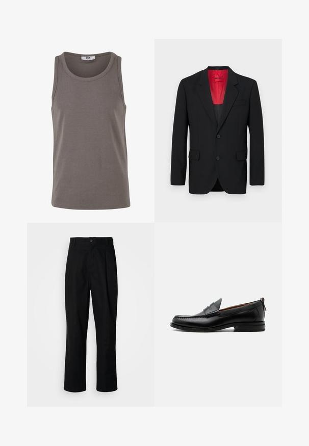 Blazer noir en tissu lisse, avec une doublure rouge, deux poches avant et deux boutons. Les revers crantés ajoutent un détail structuré.; Débardeur gris à côtes avec un col rond et de larges emmanchures. Fabriqué en tissu extensible, il présente une coupe régulière et un design minimaliste.; Pantalons noirs à jambes droites avec une taille à bouton, passants de ceinture et pli avant, présentés sur un fond blanc uni.; Mocassin homme en cuir noir avec couture moc toe, bride penny, col texturé et petit talon empilé sur fond blanc.