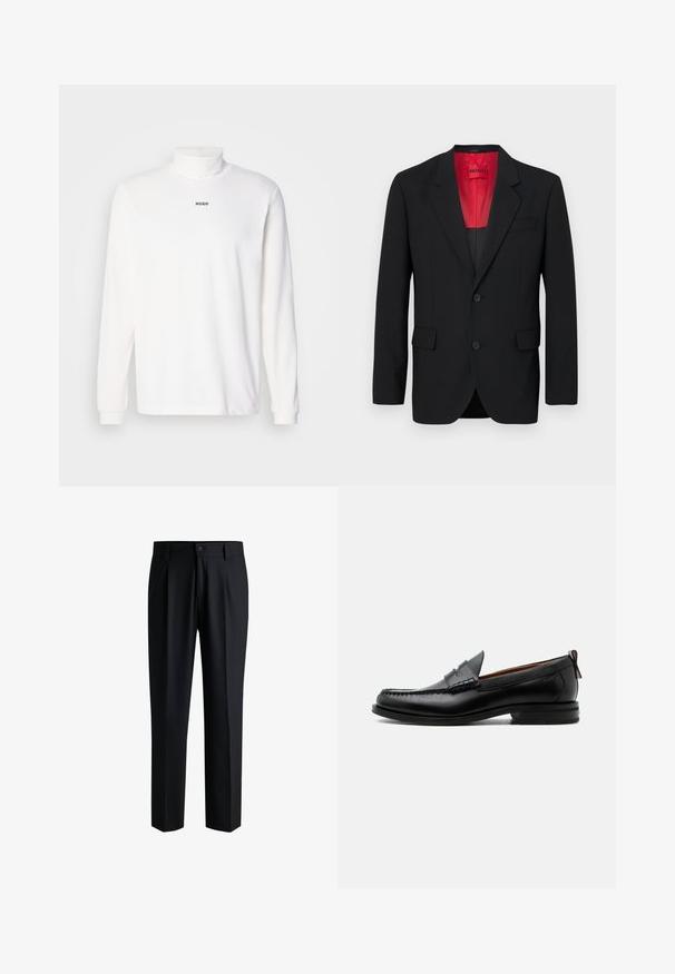 Blazer negro fabricado en tela suave, con un forro rojo, dos bolsillos frontales y dos botones. Las solapas con muesca aportan un detalle estructurado.; Camisa de cuello alto de manga larga blanca, hecha de una tela suave, con un sutil logo negro "HUGO" en la parte delantera y puños ajustados.; Pantalones negros de tela suave, con un diseño de pierna recta, pliegues en la parte delantera y cierre de botón con trabillas para cinturón.; Mocasín de hombre de piel negra con costura moc toe, tira penny, cuello texturizado y tacón bajo apilado sobre fondo blanco.