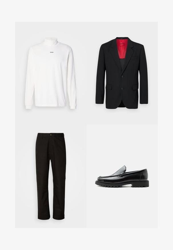 Čierny blazer vyrobený z hladkej tkaniny, s červenou podšívkou, dvoma prednými vreckami a dvoma gombíkmi. Klopové reverzy pridávajú štruktúrovaný detail.; Biele tričko s dlhým rukávom a rolákom vyrobené z jemného materiálu, s decentným čiernym logom "HUGO" na prednej strane a priliehavými manžetami.; Čierne bavlnené nohavice v rovnom strihu, s pútkami na opasok, predným zipsom a jedným zapínaním na gombík. Hladká textúra bez viditeľných vzorov.; Čierny kožený mokasín s hrubou gumovou podrážkou, prešitý zvršok a vyrazeným názvom značky na päte, zobrazený z bočného profilu na bielom pozadí.