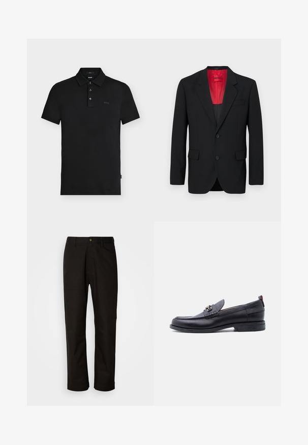 Zwarte blazer van soepel materiaal, met een rode voering, twee voorzakken en twee knopen. De gelapte revers voegen gestructureerd detail toe.; Zwarte slim-fit poloshirt met drie knopen, korte mouwen en een subtiel "BOSS"-logo op de borst en binnen de kraag.; Zwarte katoenen broek met een rechte snit, riemlussen, een ritssluiting aan de voorkant en een enkele knoopsluiting. Soepele textuur zonder zichtbare patronen.; Zwarte leren loafer met grijze, gestructureerde vamp, zilveren metalen gesp, lage hak en trekkoord aan de achterkant.