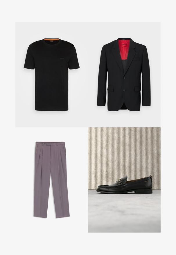 Blazer negro fabricado en tela suave, con un forro rojo, dos bolsillos frontales y dos botones. Las solapas con muesca aportan un detalle estructurado.; Camiseta negra de manga corta hecha de una tela suave, con un escote redondo y un logo discreto en la parte delantera. El interior del cuello tiene un acento naranja.; Pantalones de vestir plisados grises para hombre con trabillas para cinturón y bolsillos laterales, mostrados planos sobre un fondo blanco.; Mocasín de cuero negro con pieza metálica dorada y logotipo "HUGO", exhibido sobre una alfombra beige y muebles translúcidos marrones.