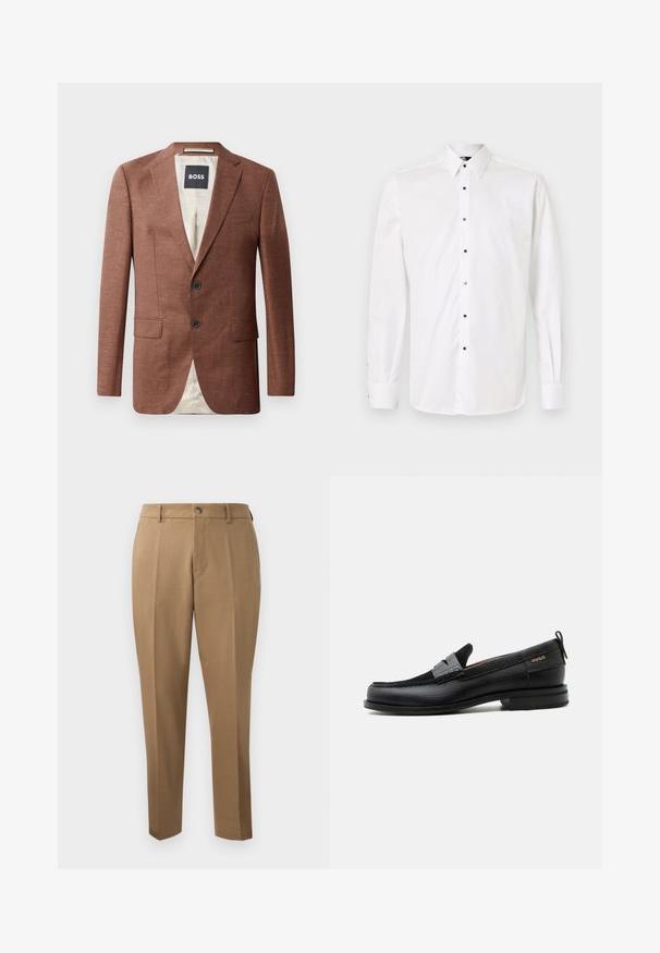 Hnedý ľanový blazer s výstrihom do V, dvoma prednými vreckami, dvoma čiernymi gombíkmi a svetlou podšívkou. Na štítku je nápis 'BOSS'.; Biely dlhý rukáv košeľa s gombíkmi s klasickým golierom, malými štvorcovými gombíkmi po celejprednej časti a manžetami so zapínaním na gombíky.; Hnedé strihané nohavice s rovnými nohavicami, jednými záhybmi, pútkami na opasok a predným zapínaním na gombík. Hladká tkanina s matným povrchom.; Čierny kožený mokasín so sivým remienkom, nízkym podpätkom a textúrovanou podrážkou, so značkou "HUGO" v zlatej farbe na boku.