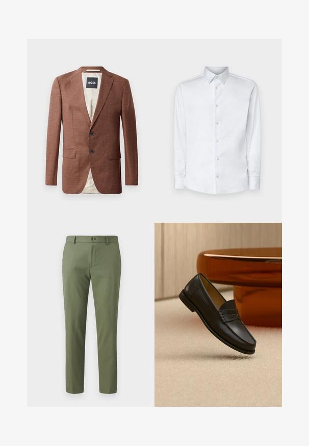 Blazer de lino marrón con solapas caídas, dos bolsillos frontales, dos botones negros y forro de color claro. Etiqueta con la marca 'BOSS'.; Camisa blanca de manga larga hecha de tela suave, con un cuello clásico, tapeta de botones y puños con botones, presentada sobre un fondo liso.; Pantalones verdes de tejido texturizado, con corte slim, piernas rectas y cierre de botón en la parte delantera. Adecuados para un uso casual o formal.; Zapato mocasín de cuero negro suspendido sobre una alfombra beige con muebles modernos de color ámbar en el fondo.