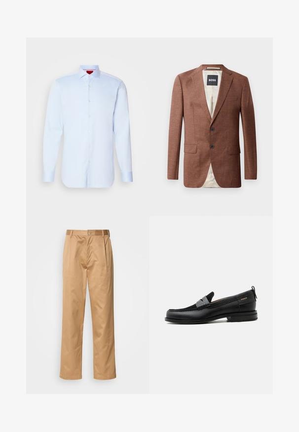 Brauner Leinenblazer mit aufgeschlagenen Revers, zwei Fronttaschen, zwei schwarzen Knöpfen und einer hellen Innenausstattung. Etikett mit der Aufschrift 'BOSS'.; Helleblaue Langarmbluse mit Button-Down-Kragen, abgerundetem Saum und weißen Knöpfen. Glattes Material mit einem subtilen Glanz.; Khaki-Hosen aus Baumwollmischung, im geraden Schnitt, mit Vorderfalten, Gürtelschlaufen und Knopfverschluss. Glatte Textur ohne Muster.; Schwarzer Lederloafer mit grauem Riemendetail, niedrigem Absatz und strukturierter Sohle, seitlich mit „HUGO“ in Gold gebrandmarkt.