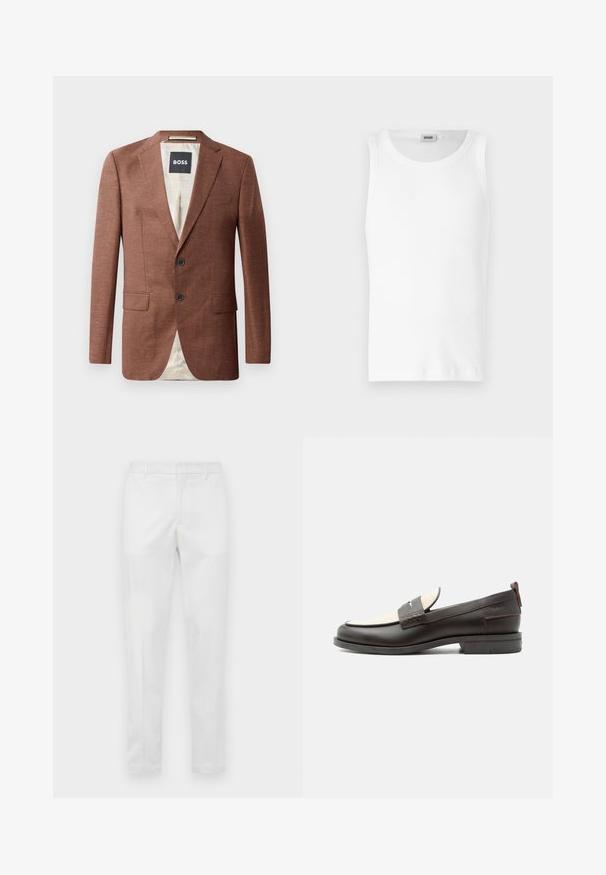 Bruine linnen blazer met schouderepauletten, twee voorzakken, twee zwarte knopen en een lichtgekleurde voering. Etiket met 'BOSS'.; Witte katoenen mouwloze tanktop met een ronde halslijn en een gladde textuur. Eenvoudig ontwerp, geen patronen of accenten.; Slim-fit witte broek met riemlussen, ritssluiting aan de voorkant en zijzakken, plat weergegeven op een neutrale achtergrond.; Donkerbruine leren herenloafer met crèmekleurig stoffen paneel en klassiek doorgestikt riemdetail, platte zool en trekhaak bij de hak.