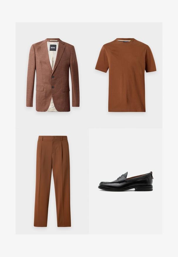 Brun linned blazer med notch-lapel, to frontlommer, to sorte knapper og lyse indvendige foer. Etiket mærket 'BOSS'.; Brun bomulds T-shirt med rund halsudskæring, korte ærmer og subtilt "BOSS" logo broderet på brystet. Glat tekstur, afslappet design.; Brune bukser med en glat, mat tekstur, der har en folder foran og lige ben. Lavet af letvægts, åndbart stof.; Sort læder herre loafer med moc-tå syning, penny strop, struktureret krave og lav stablet hæl på hvid baggrund.