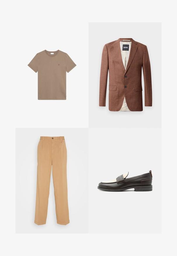 Bruine linnen blazer met schouderepauletten, twee voorzakken, twee zwarte knopen en een lichtgekleurde voering. Etiket met 'BOSS'.; Bruine katoenen T-shirt met ronde hals, korte mouwen en een klein rood "II" logo op de borst. Eenvoudig ontwerp en een gladde textuur.; Beige wijde broek van zacht materiaal, voorzien van twee voorzakken, een knoopsluiting en plooidetails langs de benen.; Donkerbruine leren herenloafer met crèmekleurig stoffen paneel en klassiek doorgestikt riemdetail, platte zool en trekhaak bij de hak.