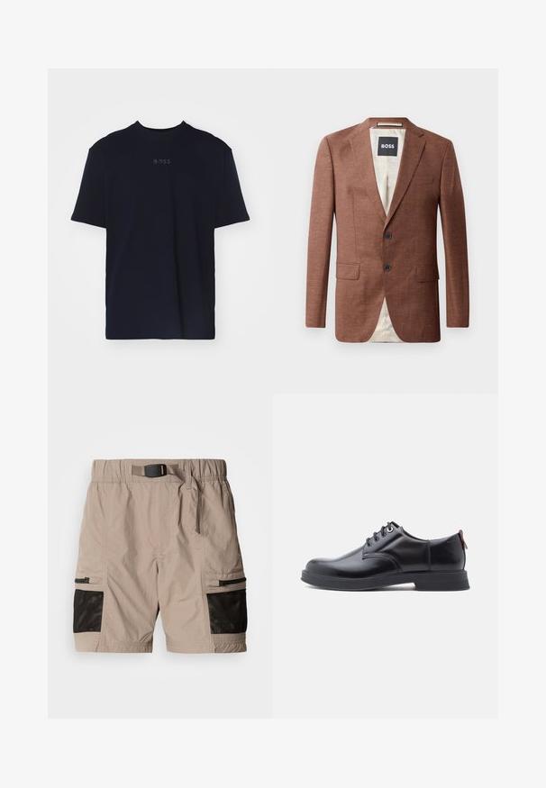 Hnedý ľanový blazer s výstrihom do V, dvoma prednými vreckami, dvoma čiernymi gombíkmi a svetlou podšívkou. Na štítku je nápis 'BOSS'.; Námornícky modré bavlnené tričko s krátkymi rukávmi a okrúhlym výstrihom, so šedým logom "BOSS" umiestneným v strede hrude.; Béžové cargo šortky s textúrovanou látkou, so sieťovinovými akcentmi v čiernej farbe, elastickým pásom a bočnými vreckami so zipsami.; Čierne kožené šnurovacie topánky s hladkou textúrou, zaoblenou špičkou a jemnými švami. Na päte je červené sťahovacie očko.