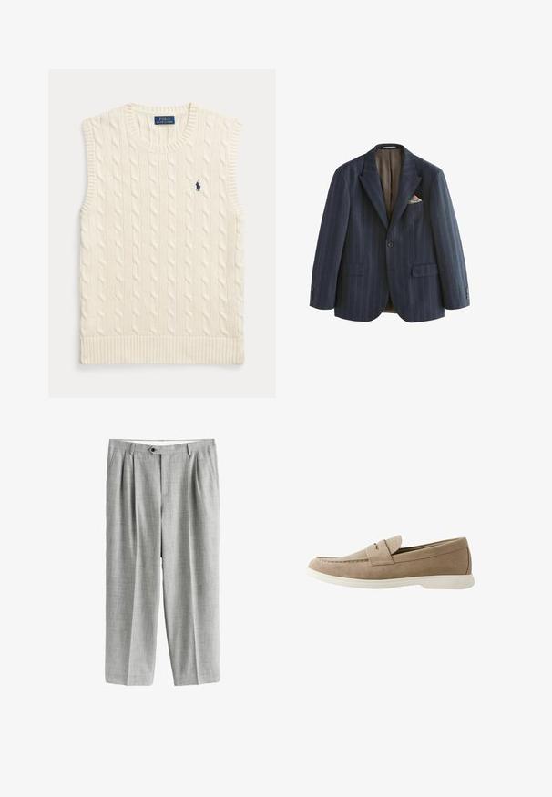 Marineblauer gestreifter Blazer mit Reverskragen, zwei Brusttaschen und einem gemusterten Einstecktuch. Gefüttertes Innenfutter mit subtilen Karomuster.; Ärmellose Strickweste in cremefarbenem Zopfmuster mit gerippten Rändern und kleinem dunkelblauem Polo Ralph Lauren Logo auf der linken Brust.; Hellgraue Anzughose mit Falten, Seitentaschen, Gürtelschlaufen und einem Knopfverschluss an der Taille, vor weißem Hintergrund präsentiert.; Beige Veloursleder-Slipper mit weißer Sohle, abgerundetem Zehenbereich und genähter Verzierung, entworfen für legere oder halbformelle Anlässe, seitlich dargestellt.