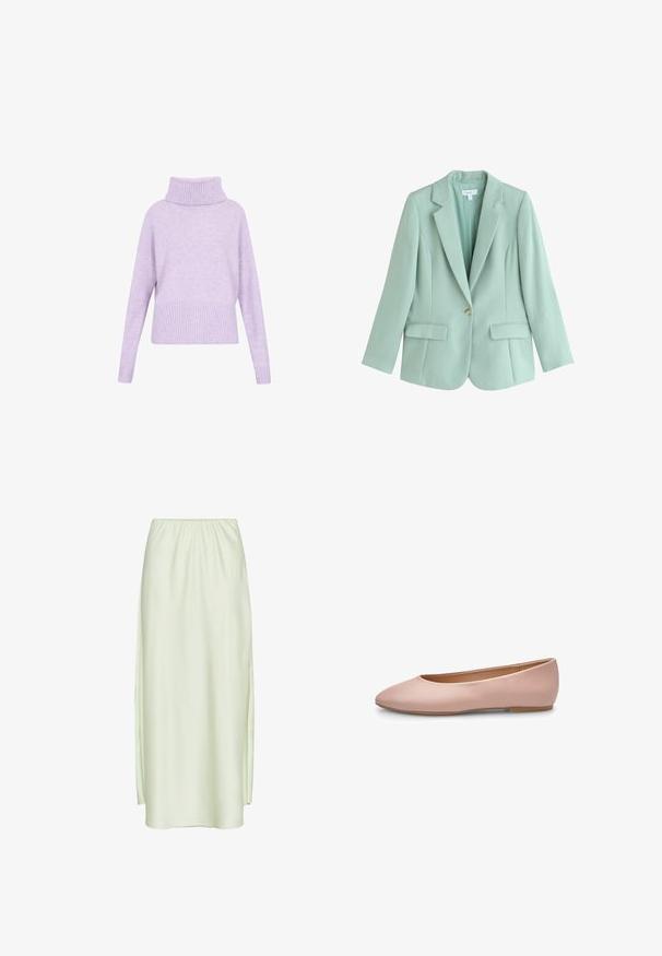 Mintgrøn blazer med enkelt knap, spids revers og to forlommer med klap, skræddersyet pasform, lange ærmer og let materiale.; Lilla sweater med en høj ribbet rullekrave, drop-skulder og ribbet kant. Fremstillet af blødt stof med en glat tekstur.; Lang, lys grøn nederdel med elastisk taljebånd og sideslidser på begge sider, lavet af glat, let stof.; Lyserød ballerina i læder med spids tå, glat tekstur, få detaljer og en solid lys brun sål. Enkelt design uden pynt.