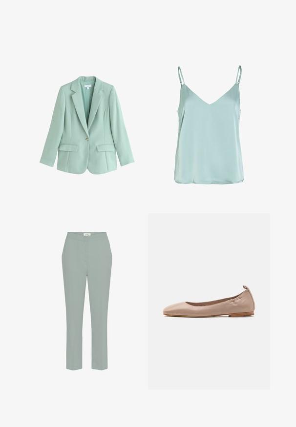 Blazer verde menta con un botón, solapas con muesca y dos bolsillos delanteros con solapa, corte ajustado, mangas largas y tejido ligero.; Camisola sin mangas de color azul claro con tirantes finos ajustables y escote en V, hecha de tela suave y fluida.; Pantalones de pierna recta verde claro, con una textura suave y una cinturilla de altura media, que presentan costuras mínimas y sin bolsillos visibles.; Bailarinas de cuero beige con punta redonda, textura suave, parte posterior elástica y un pequeño tacón de goma marrón. Diseño simple y estilizado.