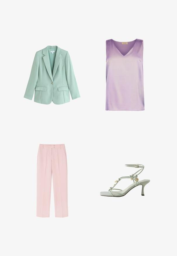 Mintgrøn blazer med enkelt knap, spids revers og to forlommer med klap, skræddersyet pasform, lange ærmer og let materiale.; Ærmeløs lavendel satin top med V-halsudskæring og lige kant, fra Falconeri Beta-kollektionen.; Lyserøde bukser med skræddersyet design, der har to sidelommer, en glat tekstur og folder foran for ekstra detalje.; Hvid sandal med høje hæle og stropper, spænde ved anklen og gyldne charms formet som muslingeskaller på knyttede stropper mod en hvid baggrund.