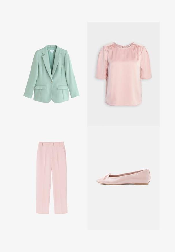 Mintgrøn blazer med enkelt knap, spids revers og to forlommer med klap, skræddersyet pasform, lange ærmer og let materiale.; ONLY ONLESTA - Bluse - rose smoke; Lyserøde bukser med skræddersyet design, der har to sidelommer, en glat tekstur og folder foran for ekstra detalje.; Rosa lakballetsko med spids tå og en dekorativ sløjfe foran. Har en flad sål og sømløst design.