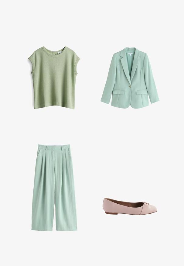 Mintgrüner Ein-Knopf-Blazer mit Kerb-Revers und zwei vorderen Pattentaschen, taillierte Passform, lange Ärmel und leichter Stoff.; Kurzärmliges, hellgrünes Oberteil aus strukturiertem Stoff, mit rundem Ausschnitt und lockerer Passform sowie geradem Saum.; Hellgrüne Hose mit weitem Bein, hohem Bund, Vorderfalten, Gürtelschlaufen und Seitentaschen, auf weißem Hintergrund dargestellt.; Helle rosa Ballerinas aus glattem Material, mit runder Zehenpartie und einem kleinen geknoteten Detail an der Oberseite. Flache Sohle.