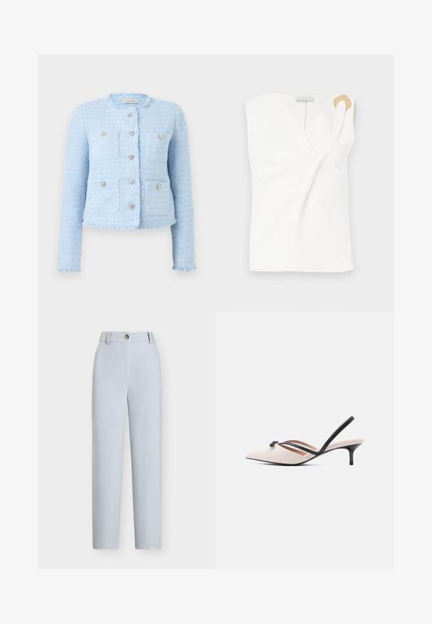 Veste en tweed bleu clair à manches longues, bords effilochés, quatre poches frontales et boutons décoratifs argentés sur le devant et les poches.; Blouse sans manches blanche avec un design croisé, présentant un détail décoratif en forme d'anneau doré sur l'épaule droite.; Pantalon bleu clair sur mesure avec jambe droite, fermeture à boutons à l'avant et passants de ceinture à la taille.; Escarpin beige à bride arrière avec un bout pointu, des brides noires et un accent nœud ; doté d'un talon aiguille noir fin et d'une surface en cuir lisse.