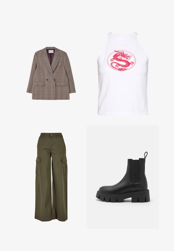 Dobbeltradet ternet blazer i brun og creme, med skarpe revers, to frontlommer og en glat indvendig foring.; Hvid ærmeløs crop top med et fremtrædende rødt dragegrafik inden i en cirkulær kontur. Glat bomuldsstof med høj hals.; Olivengrønne bredde cargo bukser med to sidelommer, lavet af et blødt, holdbart stof. Har detaljeret syning og en knaplukning.; Sorte læder ankelstøvler med elastiske sidepaneler, chunky tekstureret sål og en løkke på bagsiden for nem påtagning.