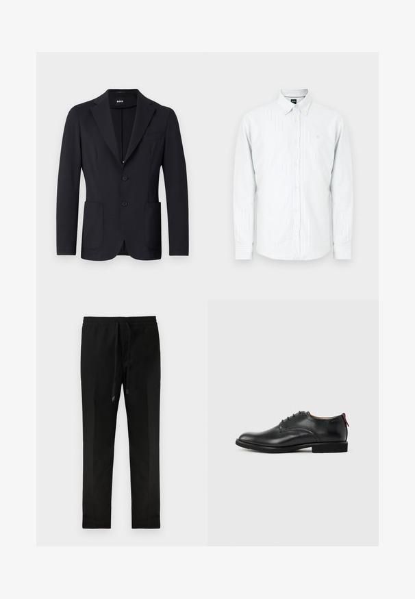 Sort blazer med struktureret stof, én række knapper, hakket krave, to frontlommer og to knapper. Mærket synligt indeni.; Lyseblå og hvide stribet skjorte med knapper, bomuldsstof, lange ærmer, krave med knapper, lille logo broderet på brystet.; Sorte tapered bukser med elastisk talje og snor. Glat stof, minimalistisk design, ingen synlige lommer eller mønstre.; Sort herresko i læder med snørebånd foran og rød træktab på hælen mod en ensfarvet baggrund.