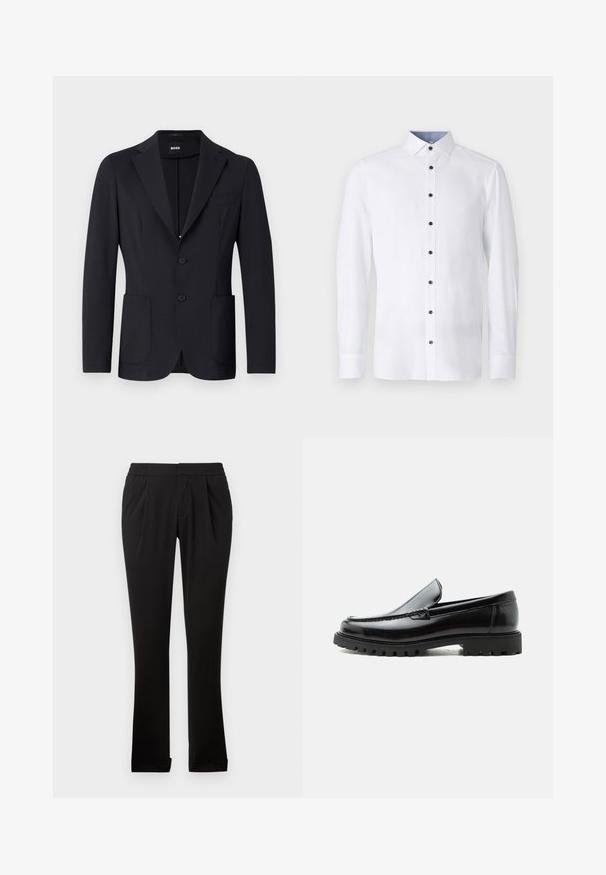 Zwarte blazer van een gestructureerde stof, enkelvoudig knoopsgat, met notch-revers, twee voorzakken en twee knopen. Merkenlabel zichtbaar aan de binnenkant.; Witte long-sleeve shirt met een klassieke kraag, zwarte knopen aan de voorkant en contrasterende lichtblauwe kraagdetails aan de binnenkant. Glad stoftextuur.; Zwarte broeken van gladde stof met een elastische tailleband, rechte pijpen, plooien aan de voorkant en omgeslagen zoom. Eenvoudig en veelzijdig ontwerp.; Zwarte leren loafer met dikke rubberen zool, gestikte bovenkant en gegraveerde merknaam op de hiel, zijaanzicht op witte achtergrond.