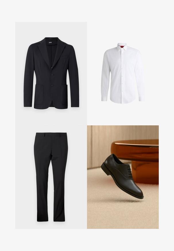 Zwarte blazer van een gestructureerde stof, enkelvoudig knoopsgat, met notch-revers, twee voorzakken en twee knopen. Merkenlabel zichtbaar aan de binnenkant.; Witte overhemden van soepel materiaal met een klassieke kraag, lange mouwen en een afgeronde zoom. Voorzien van beige knopen aan de voorkant.; Zwarte op maat gemaakte broeken met riemlussen, een voorkreuk en een rechte pijp op een effen witte achtergrond.; Zwarte gepolijste leren veterschoen zweeft boven een beige tapijt, met een grote ronde glazen tafel in amberkleur op de achtergrond.
