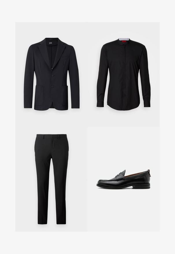 Schwarzer Blazer aus strukturiertem Stoff, einreihig, mit Revers, zwei vorderen Taschen und zwei Knöpfen. Markenlabel innen sichtbar.; Schwarzes Langarmhemd mit Stehkragen, aus glattem Stoff gefertigt, mit durchgehender Knopfleiste und subtilen Designdetails.; Maßgeschneiderte schwarze Hose aus glattem Stoff. Sie verfügt über ein gerades Bein, Vorderfalten und Gürtelschlaufen für eine anpassbare Größe.; Schwarzer Leder-Herrenschuh mit Mokassinnaht, Penny-Riemen, strukturiertem Kragen und niedrigem gestapeltem Absatz auf weißem Hintergrund.