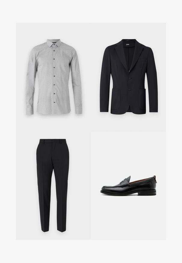Schwarzer Blazer aus strukturiertem Stoff, einreihig, mit Revers, zwei vorderen Taschen und zwei Knöpfen. Markenlabel innen sichtbar.; Langarmshirt in Weiß und Schwarz mit geometrischem Muster, durchgehende Knopfleiste und klassischem Kragen. Leichter Stoff mit glatter Textur.; Schwarze Hose mit maßgeschneidertem Design, flacher Vorderseite, Faltendetails und schlanker Passform. Aus einem glatten Stoff für einen eleganten Look.; Schwarzer Leder-Herrenschuh mit Mokassinnaht, Penny-Riemen, strukturiertem Kragen und niedrigem gestapeltem Absatz auf weißem Hintergrund.