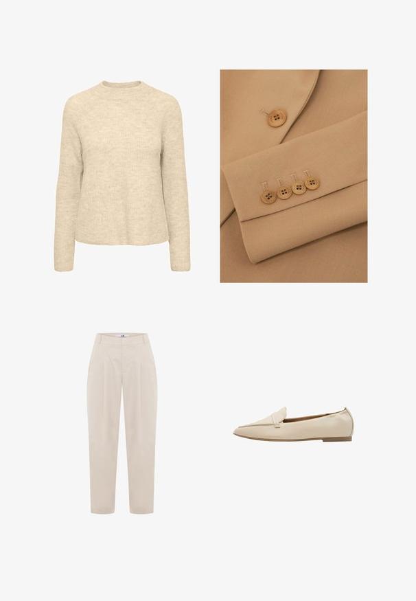 Beige kangasbleiserin yksityiskohta, jossa on lovitettu kaulus ja neljä vaaleanruskeaa nappia kalvosimessa, siistit saumat ja sileä rakenne.; Beige neulepaita, jossa on pehmeä tekstuuri, pyöreä pääntie ja pitkät hihat. Yksinkertainen malli ilman näkyviä kuvioita tai koristeluita.; Beige-harmaat housut korkealla vyötäröllä, laskostetulla etuosalla ja kapenevilla lahkeilla. Valmistettu kevyestä kankaasta, joka on sileä tekstuuriltaan.; Beiget nahasta valmistetut loaferit, joissa on terävä kärki ja minimalistinen muotoilu. Varustettu pienellä etuhihnalla ja matalalla korolla. Koko pinnaltaan sileäpintaiset.