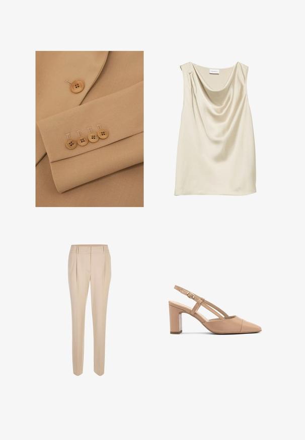 Beige Stoffblazer-Detail mit einem Reverskragen und vier hellbraunen Knöpfen an der Manschette, mit sauberer Nahtführung und glatter Textur.; Ärmelloses cremefarbenes Satintop mit drapiertem Wasserfallausschnitt und einem kleinen Falten-Detail an einer Schulter.; Beige maßgeschneiderte Slim-Fit-Hosen mit vorderen Falten, Gürtelschlaufen und einem sauberen Bund, vor einem weißen Hintergrund präsentiert.; Beige Leder Slingback-Absätze mit einer spitzen Zehenform, Blockabsatz und einem Riemen mit einer kleinen goldenen Schnalle. Glatte Textur, minimalistisches Design.