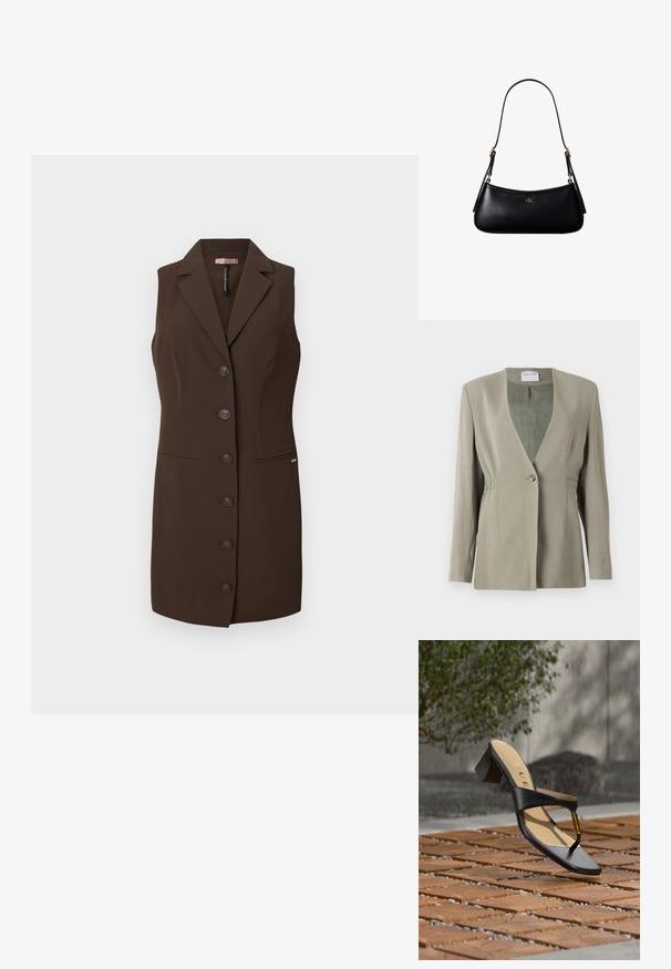 Olijfgroen blazer met een V-hals, enkele knoopsluiting, getailleerde pasvorm en lange mouwen. Zachte textuur met subtiele plooidetails aan de zijkant.; Bruine mouwloze vest met een getailleerd ontwerp, uitgesneden revers en zes knoopsluitingen. Bevat twee voorzakken en heeft een zachte textuur.; Zwarte sandaal met hak, teenlus en gouden accent, geplaatst op een houten en stenen geplaveid oppervlak buiten nabij groen.; Zwarte leren mini schoudertas met een dun riempje en klein goudkleurig CK-logo aan de voorkant in het midden.