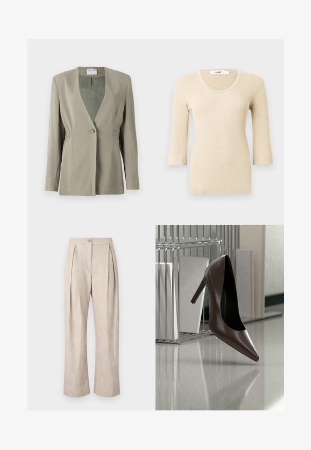 Blazer verde oliva con escote en V, cierre de un solo botón, corte entallado y mangas largas. Textura suave con sutiles detalles de fruncido lateral.; Top de manga larga de canalé beige con escote redondeado. La textura es suave y ajustada. Los puños acampanados añaden un sutil detalle de diseño.; Pantalones de lino beige con pliegues, pierna ancha y cierre frontal con botón. La tela tiene un aspecto texturizado y una calidad ligera y transpirable.; Zapato de cuero marrón oscuro con tacón alto flotando sobre un suelo reflectante junto a un estante metálico con paneles blancos en una habitación.