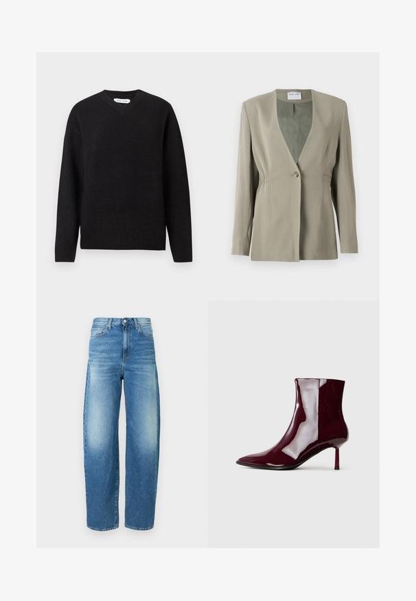Blazer vert olive avec décolleté en V, fermeture à un bouton, coupe ajustée et manches longues. Texture lisse avec des détails de fronces discrètes sur les côtés.; Pull noir en V en mélange de laine doux, avec des manches longues et des poignets et un ourlet côtelés. Conception simple et classique sans motifs ni accents.; Jean en denim bleu clair avec une taille haute et une coupe large. Présente un léger effet délavé, un style classique à cinq poches et une fermeture à bouton.; Bottine brillante rouge foncé à bout pointu et talon fin mi-haut sur un fond clair.
