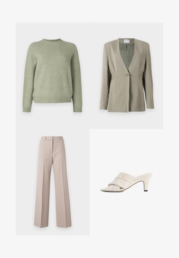 Oliven grøn blazer med v-udskæring, enkelt knaplukning, skræddersyet pasform og lange ærmer. Glat tekstur med subtile detaljer i sidefolder.; DRYKORN PEMIRI - Striktrøje - green; Beige vide bukser lavet af et glat stof, med høj talje, forkantede folder og en skræddersyet silhuet.; Beige højhælede mules med et snoet læderstropdesign, åben tå og præget logoaccent. Hælen har en sort spidsdetalje.