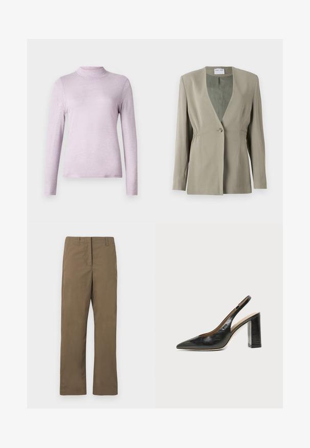 Blazer vert olive avec décolleté en V, fermeture à un bouton, coupe ajustée et manches longues. Texture lisse avec des détails de fronces discrètes sur les côtés.; Haut à manches longues en tulle lavande clair avec col montant, fabriqué en tissu doux et texturé ; design ajusté avec un col haut et serré.; Pantalons droits marron en tissu mélangé de coton. Comprend des passants de ceinture, une poche avant et une texture lisse sans motifs.; Chaussure slingback en cuir noir à bout pointu avec un talon bloc haut et une doublure intérieure beige sur un fond clair uni.