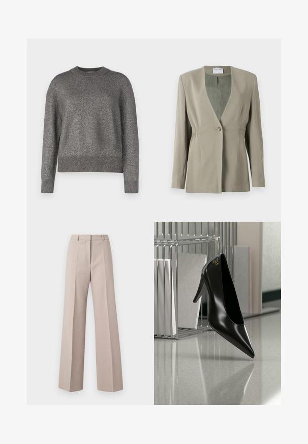 Oliven grøn blazer med v-udskæring, enkelt knaplukning, skræddersyet pasform og lange ærmer. Glat tekstur med subtile detaljer i sidefolder.; Grå sweater med en refleksiv strikket tekstur, rund halsudskæring, og ribbede manchetter og kant; let løs pasform og lange ærmer.; Beige vide bukser lavet af et glat stof, med høj talje, forkantede folder og en skræddersyet silhuet.; Sort højhælet sko med spids tå og guldlogo, placeret på en reflekterende overflade nær en krom trådfilholder med dokumenter.