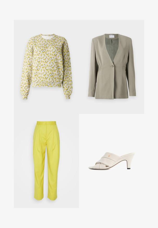 Oliven grøn blazer med v-udskæring, enkelt knaplukning, skræddersyet pasform og lange ærmer. Glat tekstur med subtile detaljer i sidefolder.; Grå sweatshirt med et bananmønster i gul og sort. Har ribbede mansjetter og hæm, rund halsudskæring, blød tekstur.; Samsøe Samsøe LUZY TROUSERS - Bukser - celery; Beige højhælede mules med et snoet læderstropdesign, åben tå og præget logoaccent. Hælen har en sort spidsdetalje.