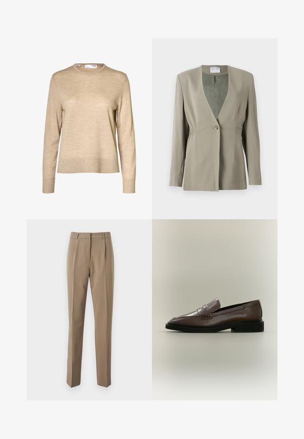 Blazer vert olive avec décolleté en V, fermeture à un bouton, coupe ajustée et manches longues. Texture lisse avec des détails de fronces discrètes sur les côtés.; Pull en laine beige à manches longues avec col rond et poignets et ourlet côtelés, présenté sur fond blanc.; Pantalons tailleur marron en tissu lisse, présentant une coupe droite, des plis avant et une taille avec passants de ceinture.; Mocassin en cuir marron à enfiler avec semelle noire et petit talon, avec un détail de bride sur le dessus.