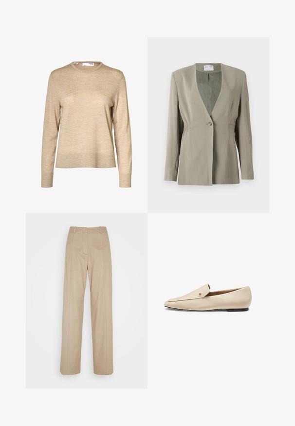 Olijfgroen blazer met een V-hals, enkele knoopsluiting, getailleerde pasvorm en lange mouwen. Zachte textuur met subtiele plooidetails aan de zijkant.; Beige wollen trui met lange mouwen, een ronde hals en geribde boorden en zoom, afgebeeld tegen een witte achtergrond.; Calvin Klein TAILORED STRAIGHT PANT - Broek - cinder; Beige leren loafer met puntige neus, platte zwarte zool en een klein metalen logodetail near de bovenste rand.
