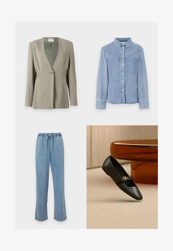 Olivgrüner Blazer mit V-Ausschnitt, einfacher Knopfverschluss, taillierter Passform und langen Ärmeln. Glatte Textur mit dezenten Seitenschräge-Details.; Helleblaue Denim-Hemd mit langen Ärmeln, geknöpfter Front, spitzem Kragen und einer yoke-artigen Detailgestaltung im Westernstil auf den Schultern.; Helle blaue Jeans mit elastischem Bund, Kordelzug und aufgerollten Säumen. Gerades Bein mit lässiger Passform.; Schwarzer flacher Lederschuh mit spitzer Kappe und goldenem CK-Logo auf dem Riemen, auf beigem Teppich neben einem runden bernsteinbraunen Tisch platziert.