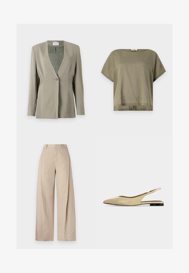 Blazer vert olive avec décolleté en V, fermeture à un bouton, coupe ajustée et manches longues. Texture lisse avec des détails de fronces discrètes sur les côtés.; Haut court olive en vert, fabriqué en tissu léger, présentant une coupe ample et un ourlet droit. Design minimaliste avec un col rond.; Pantalons larges en lin beige à taille haute, avec une texture lisse et des lignes épurées, conçus pour un ajustement décontracté.; Chaussure plate beige à bout pointu avec bride arrière, petit talon noir et finition en cuir lisse, vue de côté sur un fond uni.