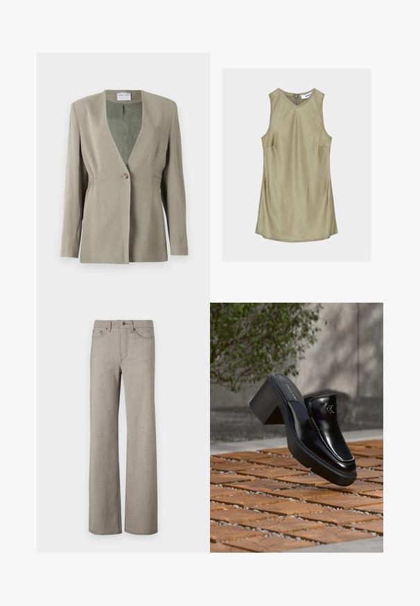 Olijfgroen blazer met een V-hals, enkele knoopsluiting, getailleerde pasvorm en lange mouwen. Zachte textuur met subtiele plooidetails aan de zijkant.; Mouwloze olijfgroene V-hals jurk met zichtbare stiksels en ritssluiting aan de achterkant van de hals, label binnenin met opschrift „DAY."; Brede broekspijpen in een lichtgrijze, gestructureerde stof met een gladde afwerking. Voorzien van een knoopsluiting en een ontwerp met vijf zakken.; Zwarte leren Calvin Klein slip-on mule met blokhak rustend op houten tegels buiten, vlak bij een groene plant en een grijze muur.