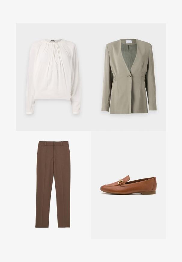 Olijfgroen blazer met een V-hals, enkele knoopsluiting, getailleerde pasvorm en lange mouwen. Zachte textuur met subtiele plooidetails aan de zijkant.; Witte blouse met lange mouwen, ronde hals en geplooide voorkant. Zacht, glad materiaal met een comfortabele pasvorm en knoopdetails bij de kraag.; Bruine, op maat gemaakte broek met rechte pijpen, riemlussen en een vouw in het midden van elk been, plat liggend op een witte achtergrond.; Bruine leren instappers met een ronde neus, voorzien van een decoratieve gouden hardwareaccent. Platte zool en een glanzende afwerking.