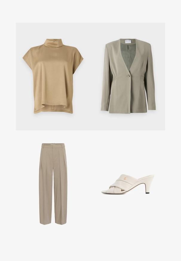 Blazer vert olive avec décolleté en V, fermeture à un bouton, coupe ajustée et manches longues. Texture lisse avec des détails de fronces discrètes sur les côtés.; Top beige avec un col montant, des manches courtes et une coupe décontractée. Tissu doux, texture lisse et ourlet arrière plus long.; Pantalon beige taille haute à jambes larges avec plis sur le devant et passants pour ceinture, confectionné avec une fermeture avant dissimulée.; Mules à talons hauts beiges avec un design de bride en cuir torsadé, bout ouvert et motif de logo en relief. Le talon présente un détail d'embout noir.